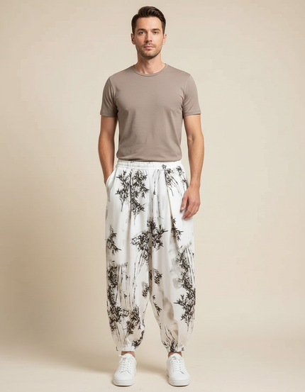 Pantalon Blanc Harem Imprimé Bambou Homme Décontracté - Viscose