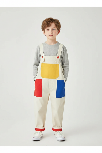 Pantalon Blanc Salopette Patchwork Coloré Ample Enfant - Toile