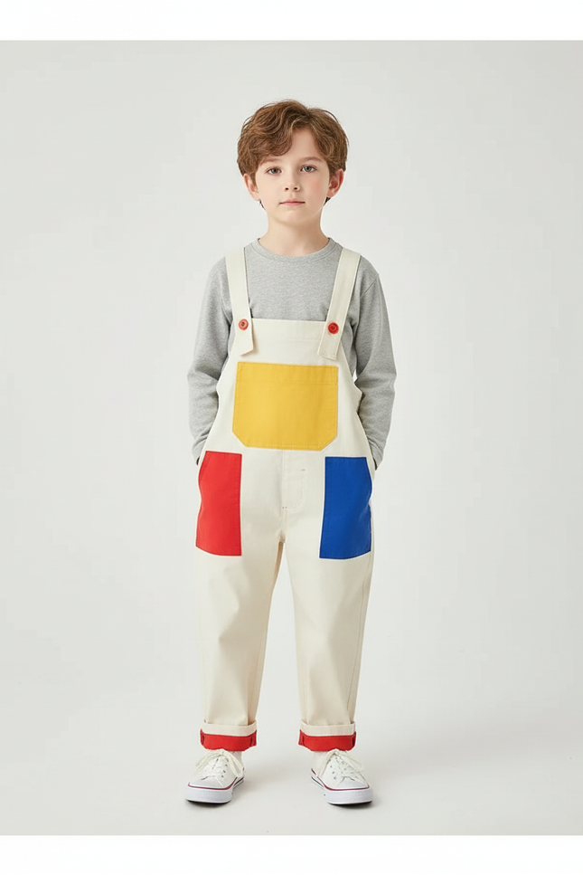 Pantalon Blanc Salopette Patchwork Coloré Ample Enfant - Toile