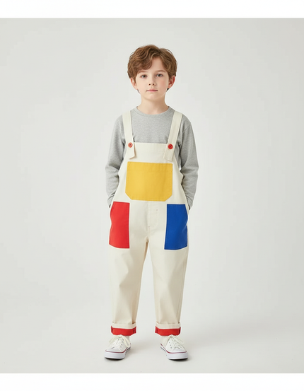 Pantalon Blanc Salopette Patchwork Coloré Ample Enfant - Toile