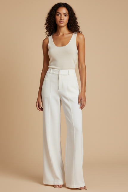 Pantalon Blanc Évasé Taille Haute Élégant - Gabardine
