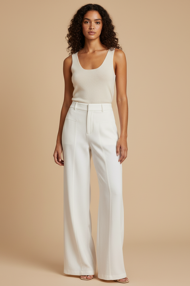 Pantalon Blanc Évasé Taille Haute Élégant - Gabardine