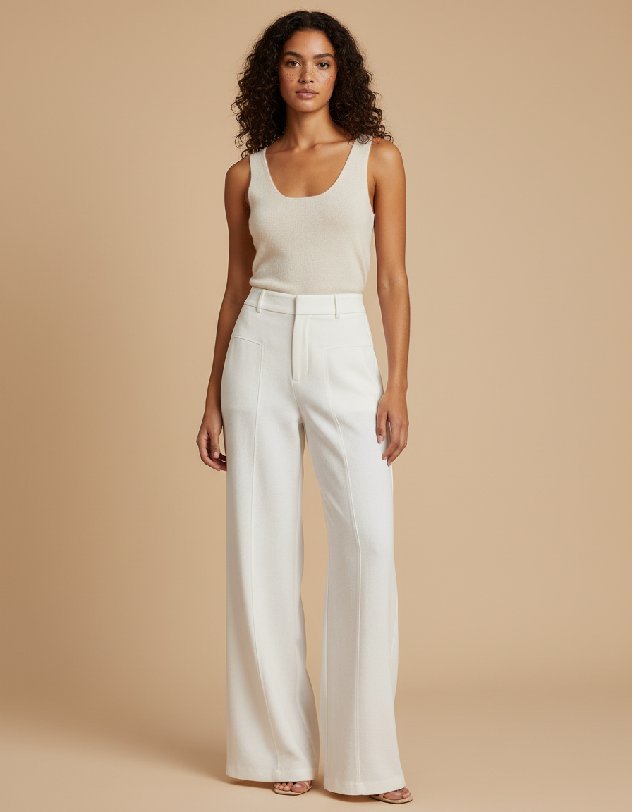 Pantalon Blanc Évasé Taille Haute Élégant - Gabardine