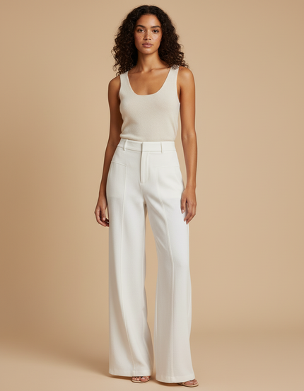 Pantalon Blanc Évasé Taille Haute Élégant - Gabardine