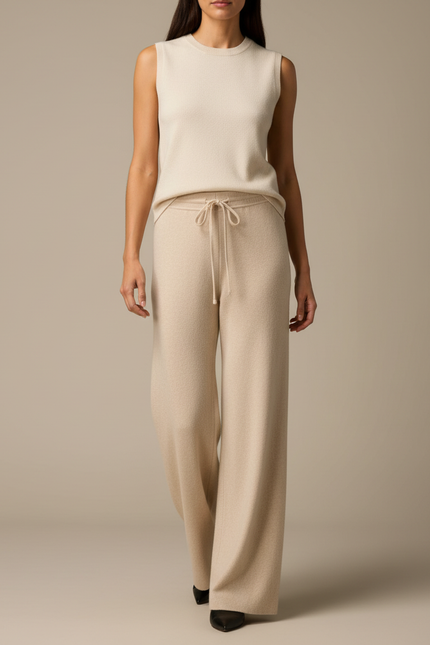Pantalon Blanc Laine Tricoté Ample Droit Femme - Beige