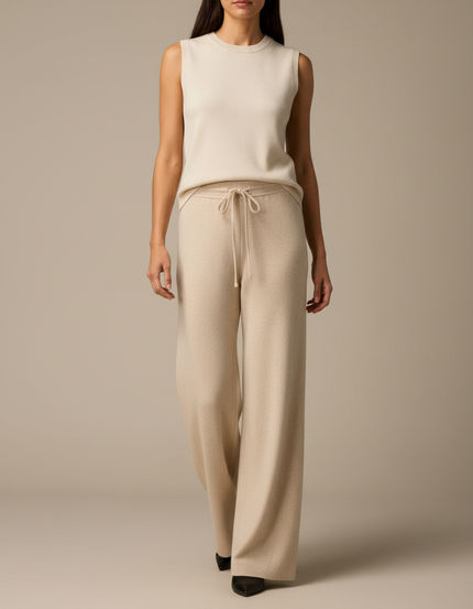 Pantalon Blanc Laine Tricoté Ample Droit Femme - Beige
