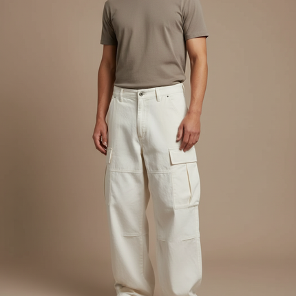 Pantalon Blanc Cargo Ample Coton Décontracté - Beige Toile