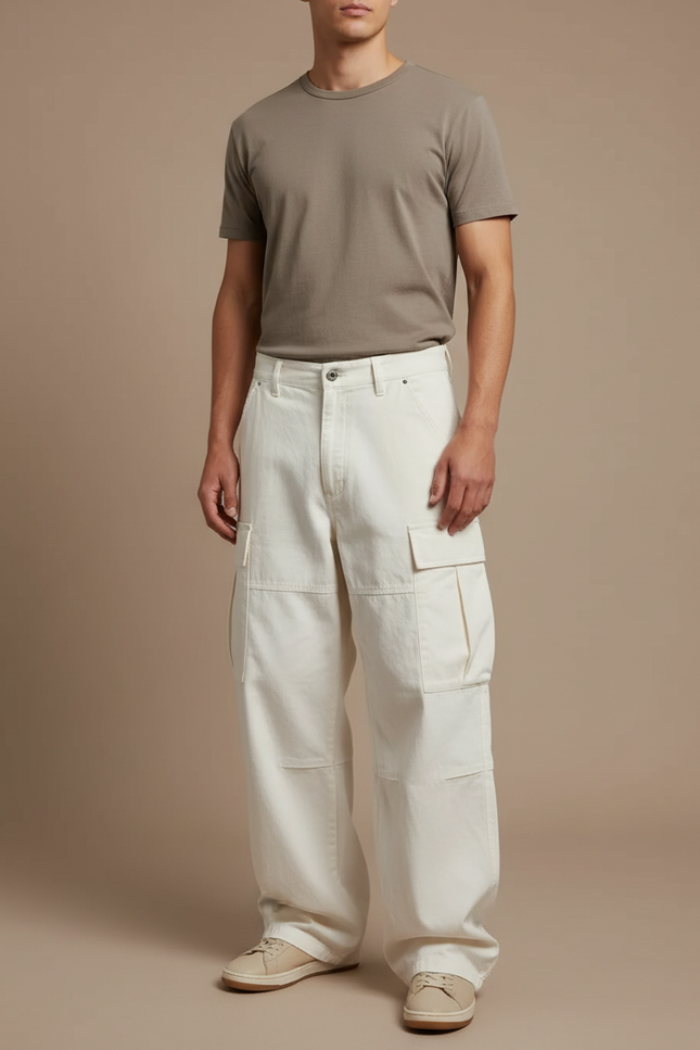 Pantalon Blanc Cargo Ample Coton Décontracté - Beige Toile