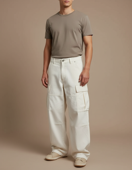 Pantalon Blanc Cargo Ample Coton Décontracté - Beige Toile