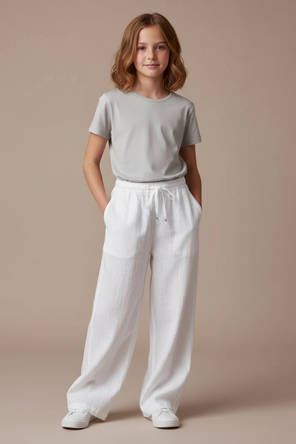 Pantalon Blanc Lin Fluide Ample Décontracté Enfant