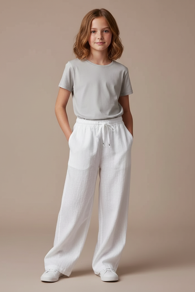 Pantalon Blanc Lin Fluide Ample Décontracté Enfant
