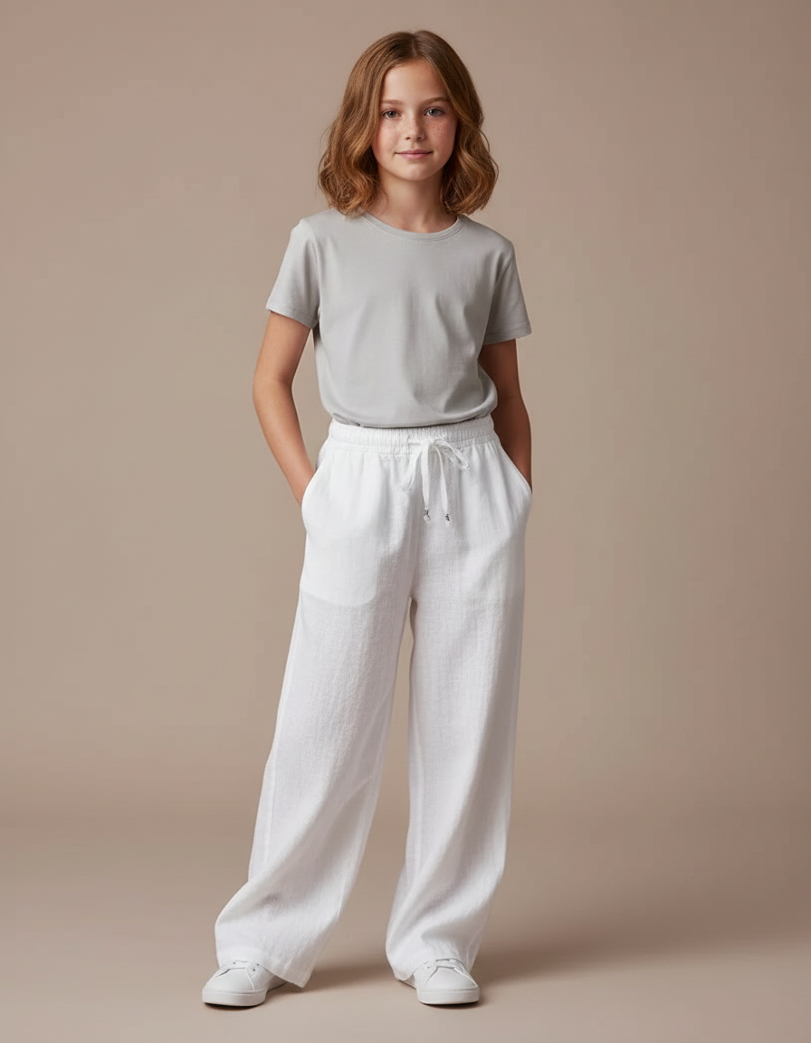 Pantalon Blanc Lin Fluide Ample Décontracté Enfant