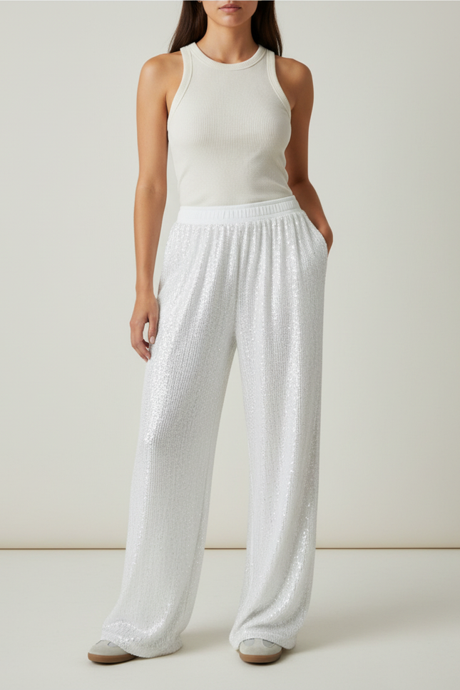 Pantalon Blanc Pailleté Fluide Élégant Décontracté - Maille