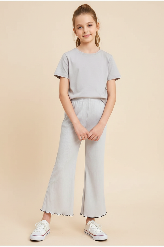 Pantalon Blanc Côtelé Évasé Confortable Fille - Gris Cordé