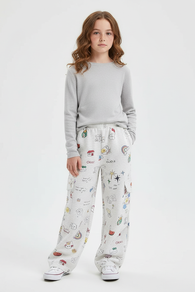 Pantalon Blanc Cargo Ample Graffiti Enfant Décontracté - Imprimé Molleton