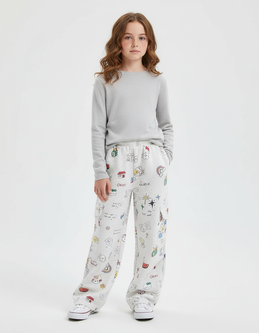Pantalon Blanc Cargo Ample Graffiti Enfant Décontracté - Imprimé Molleton