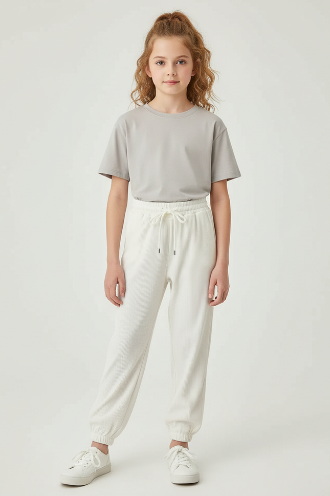 Pantalon Blanc Côtelé Ample Confortable Fille - Cordé