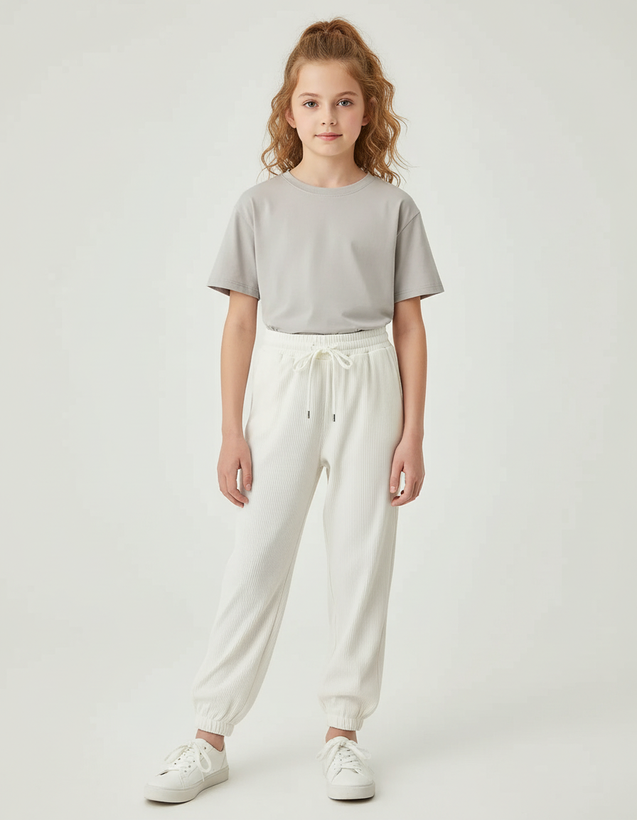 Pantalon Blanc Côtelé Ample Confortable Fille - Cordé