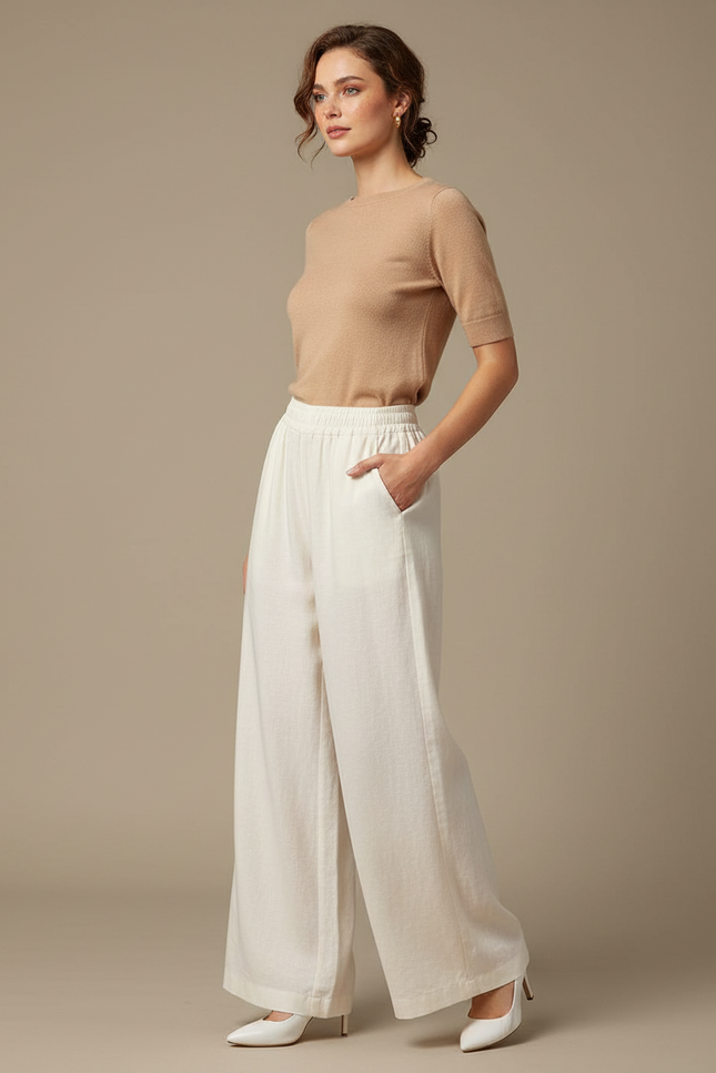Pantalon Blanc Ample Lin Taille Haute Confortable Élégant