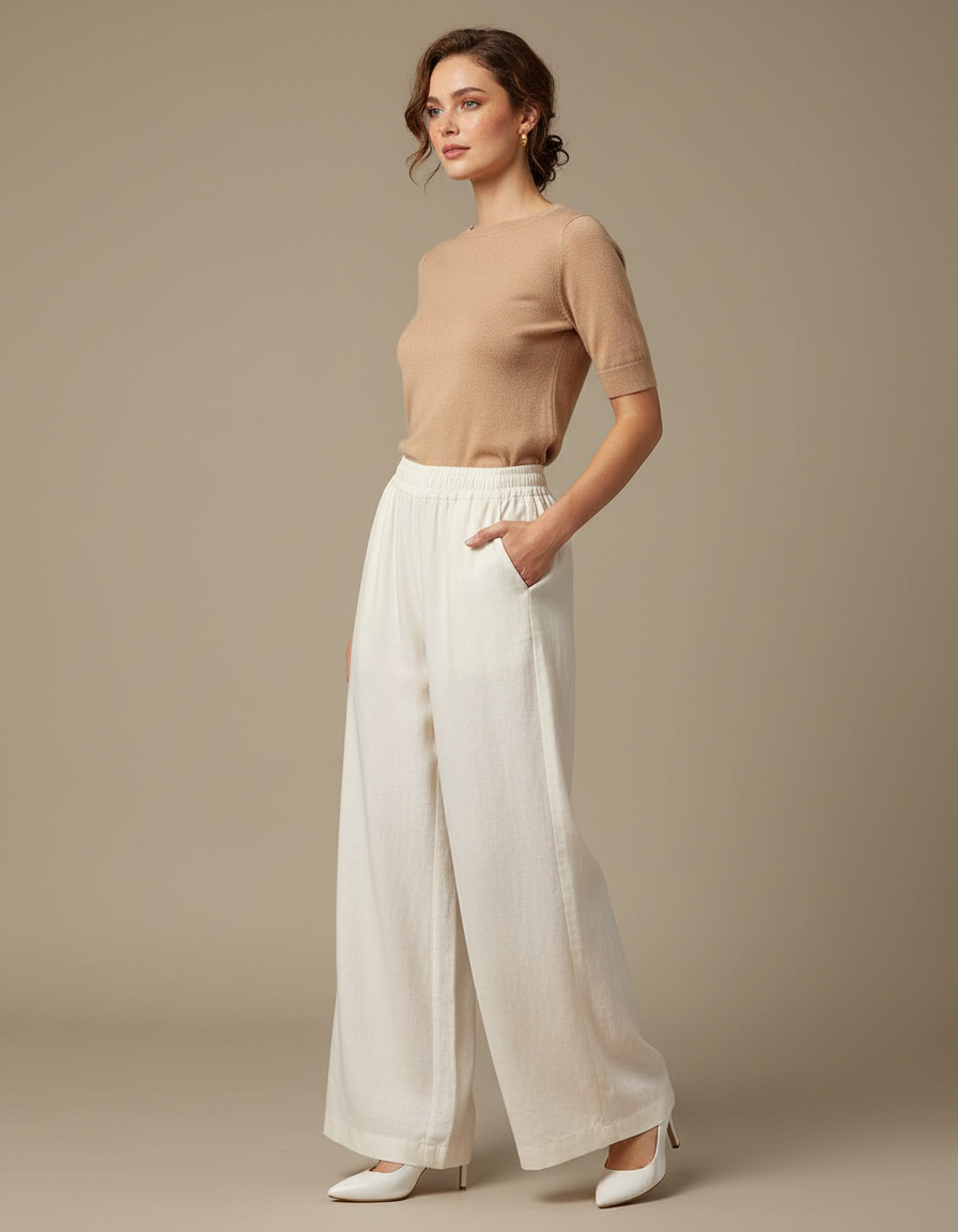 Pantalon Blanc Ample Lin Taille Haute Confortable Élégant