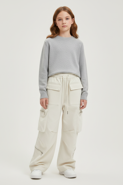 Pantalon Blanc Cargo Ample Poches Multiples Fille - Beige Toile