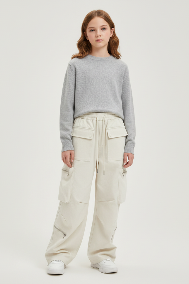 Pantalon Blanc Cargo Ample Poches Multiples Fille - Beige Toile