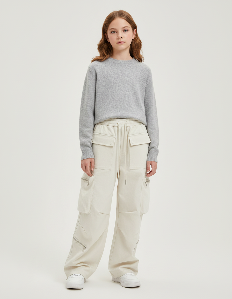 Pantalon Blanc Cargo Ample Poches Multiples Fille - Beige Toile
