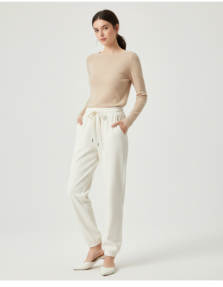 Pantalon Blanc Côtelé Droit Décontracté Femme Fluide - Cordé