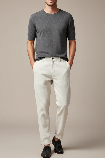 Pantalon Blanc Homme Décontracté Léger Coton Coupe Droite