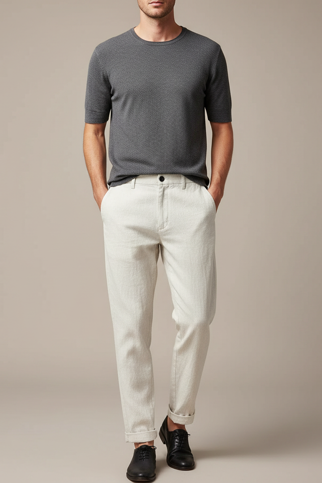 Pantalon Blanc Homme Décontracté Léger Coton Coupe Droite