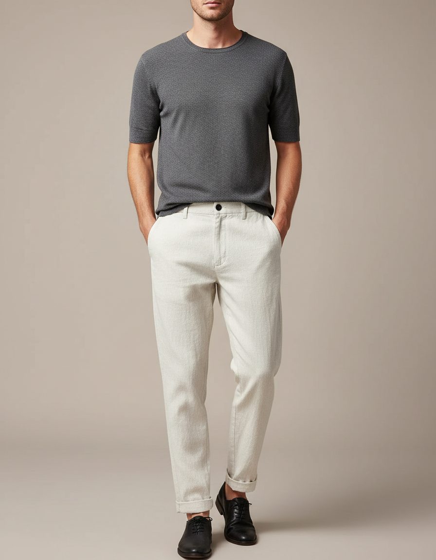 Pantalon Blanc Homme Décontracté Léger Coton Coupe Droite