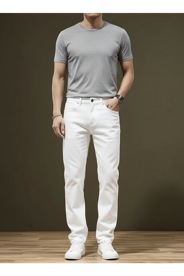 Pantalon Blanc Homme Droit Coton Décontracté Stretch - Jean