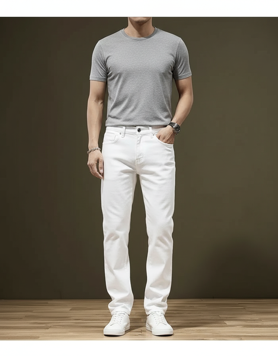 Pantalon Blanc Homme Droit Coton Décontracté Stretch - Jean