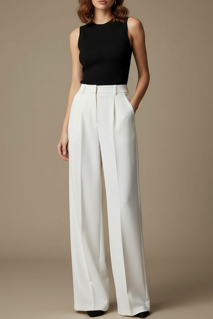 Pantalon Blanc Large Plissé Fluide Élégant Femme - Polyester