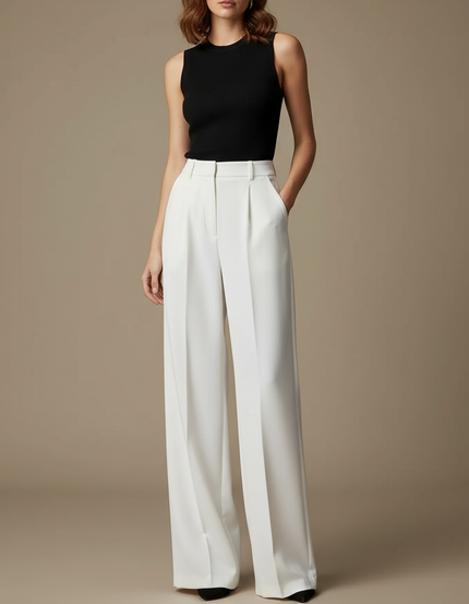 Pantalon Blanc Large Plissé Fluide Élégant Femme - Polyester
