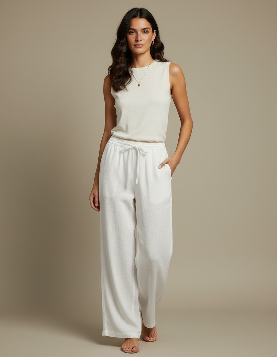 Pantalon Blanc Fluide Lin Ample Décontracté Cordon Femme