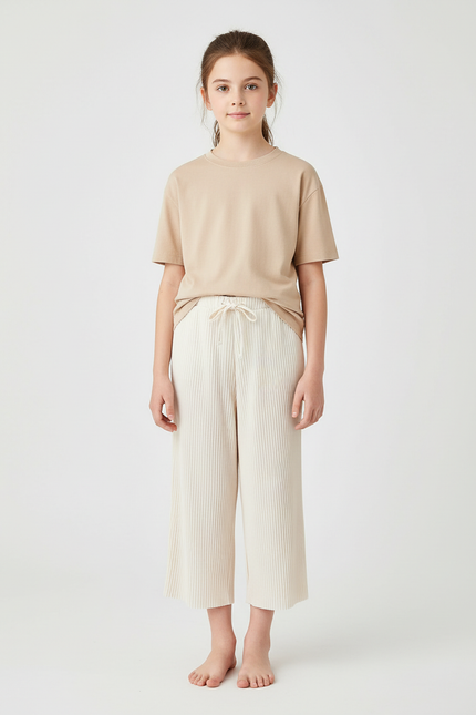 Pantalon Blanc Plissé Ample Décontracté Enfant Côtelé - Cordé