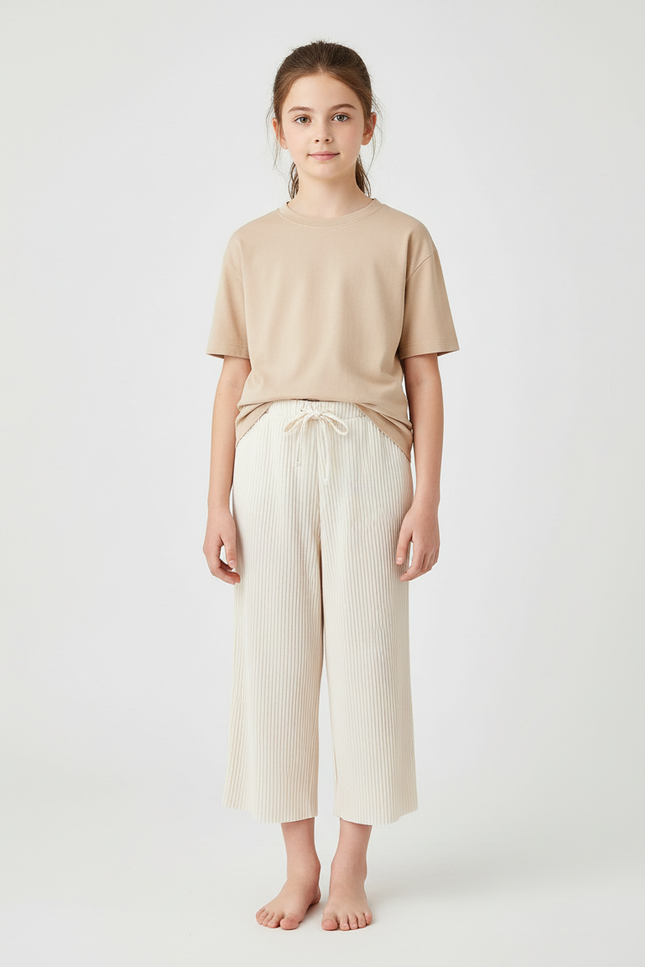 Pantalon Blanc Plissé Ample Décontracté Enfant Côtelé - Cordé
