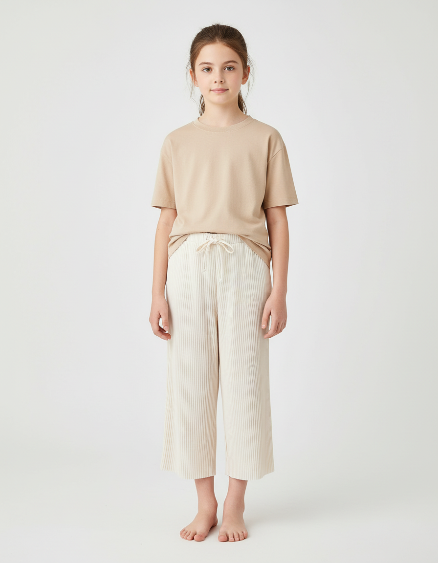 Pantalon Blanc Plissé Ample Décontracté Enfant Côtelé - Cordé