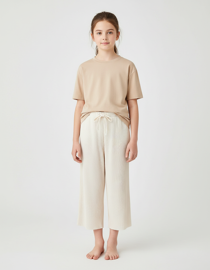 Pantalon Blanc Plissé Ample Décontracté Enfant Côtelé - Cordé