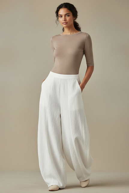 Pantalon Blanc Lin Ample Fluide Élégant Femme