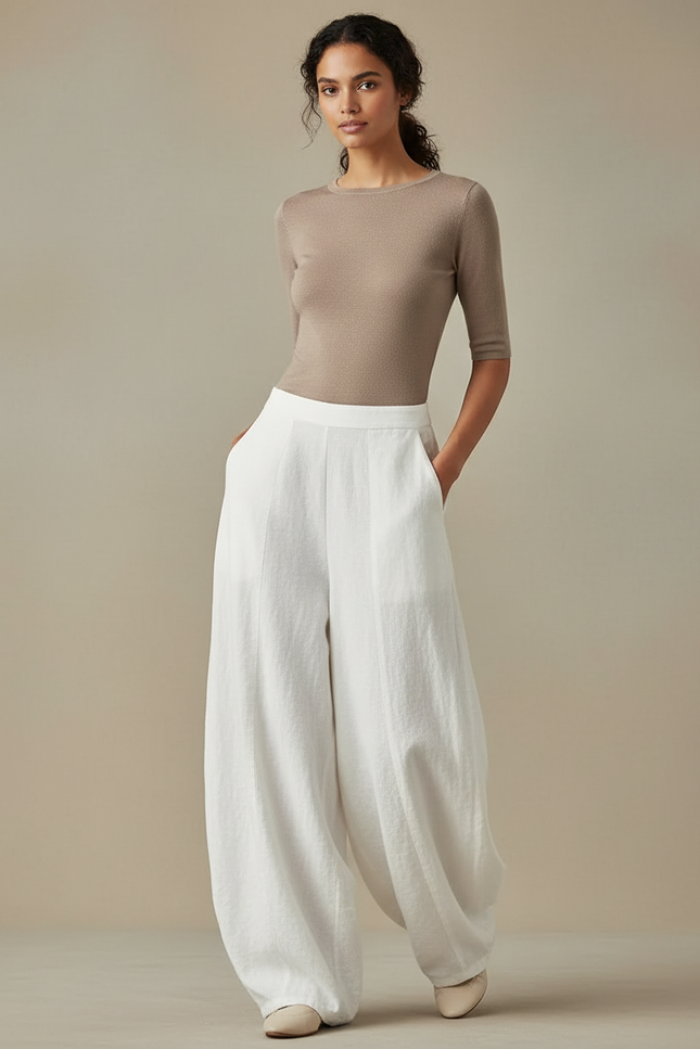 Pantalon Blanc Lin Ample Fluide Élégant Femme