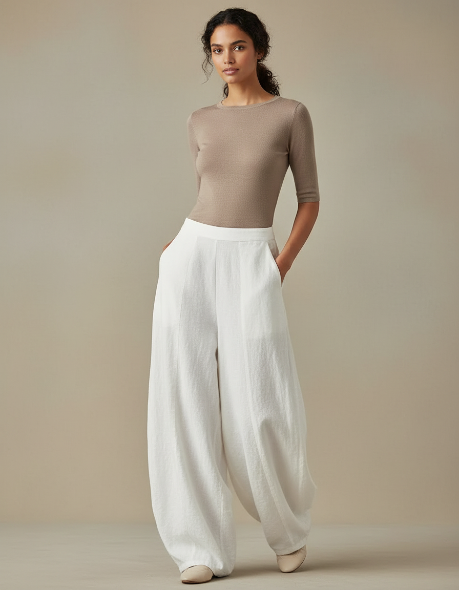 Pantalon Blanc Lin Ample Fluide Élégant Femme