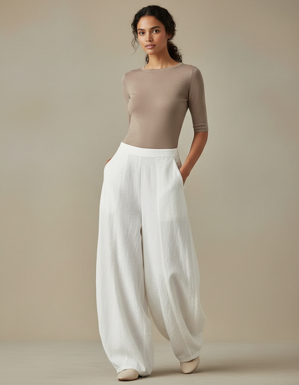 Pantalon Blanc Lin Ample Fluide Élégant Femme