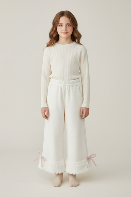 Pantalon Blanc Évasé Fourrure Velours Fille Hiver - Molleton