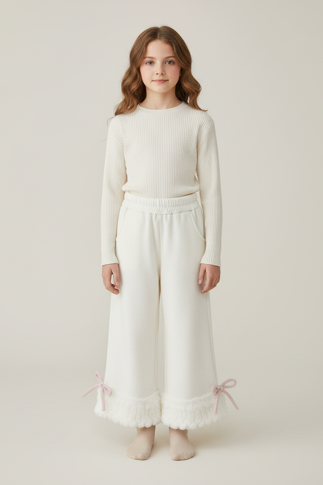 Pantalon Blanc Évasé Fourrure Velours Fille Hiver - Molleton