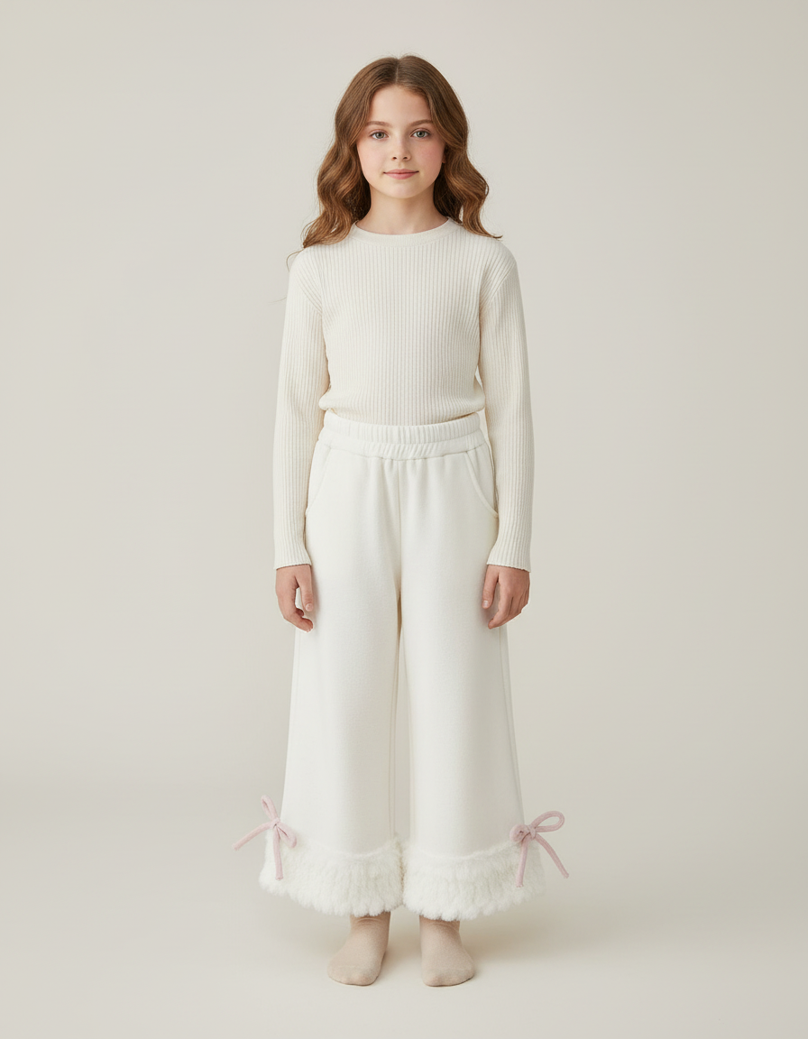 Pantalon Blanc Évasé Fourrure Velours Fille Hiver - Molleton