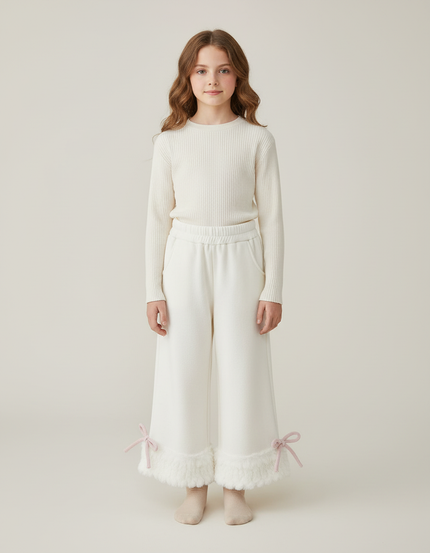 Pantalon Blanc Évasé Fourrure Velours Fille Hiver - Molleton