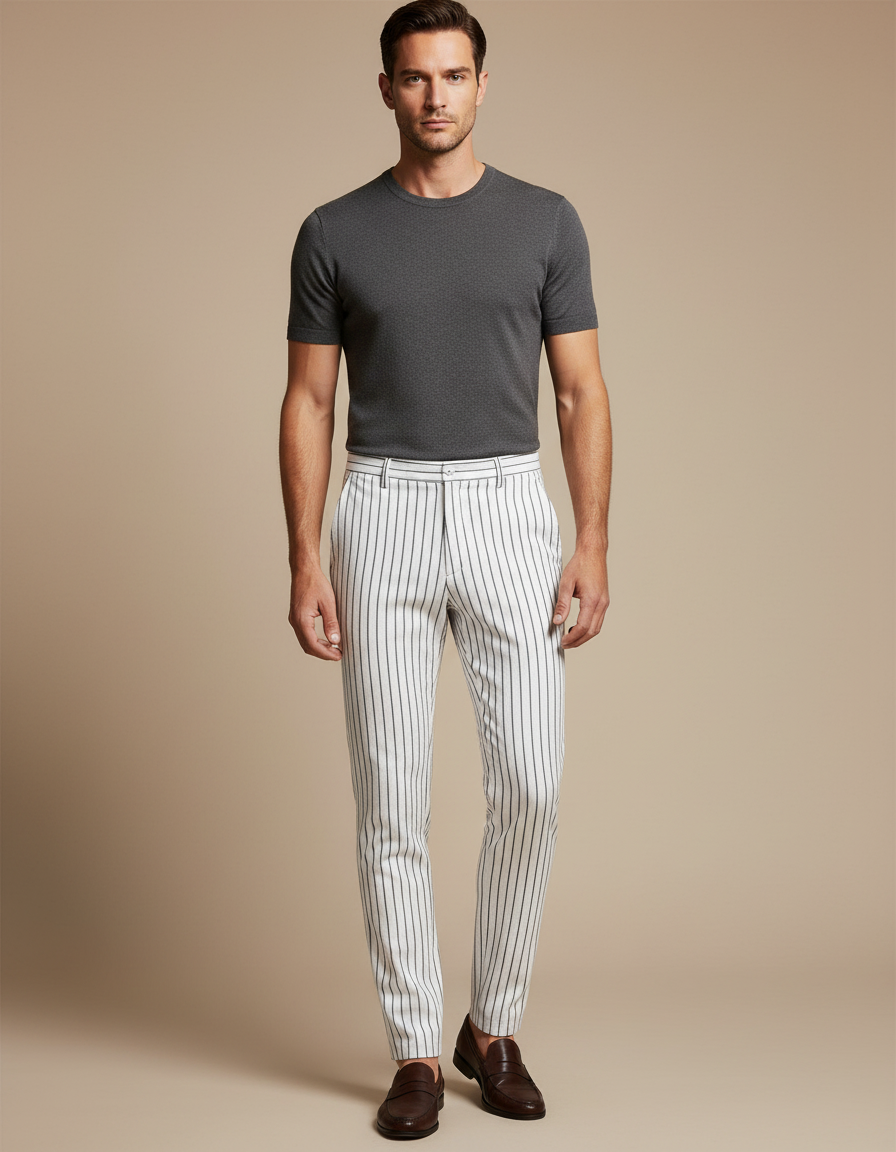 Pantalon Homme Rayé Noir Et Blanc - Toile