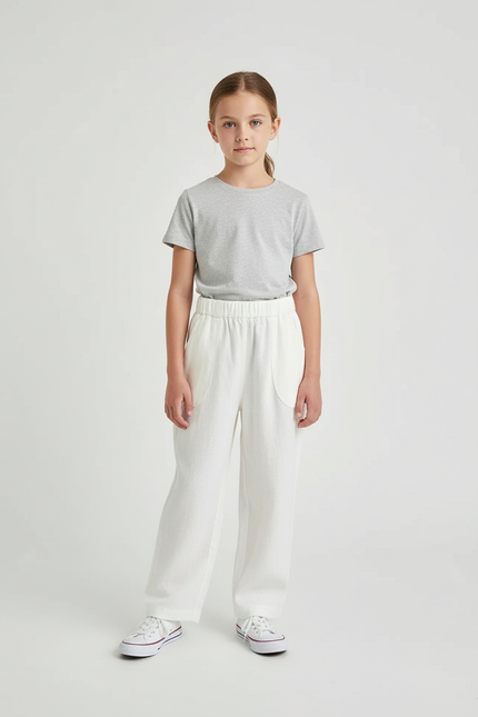 Pantalon Blanc Coton Lin Ample Décontracté Enfant